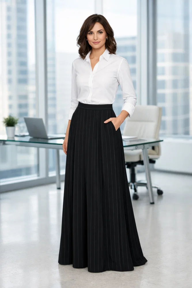 Black maxi skirt with a crisp white shirt for the office